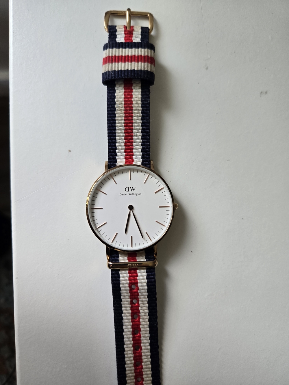 Daniel Wellington Navy White Red Stripe Nylon Strap Watch with Gold Case